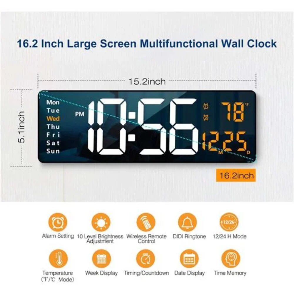 Digital Wall Clock Large Display 16.2 Inch LED Digital Clock with Remote Control